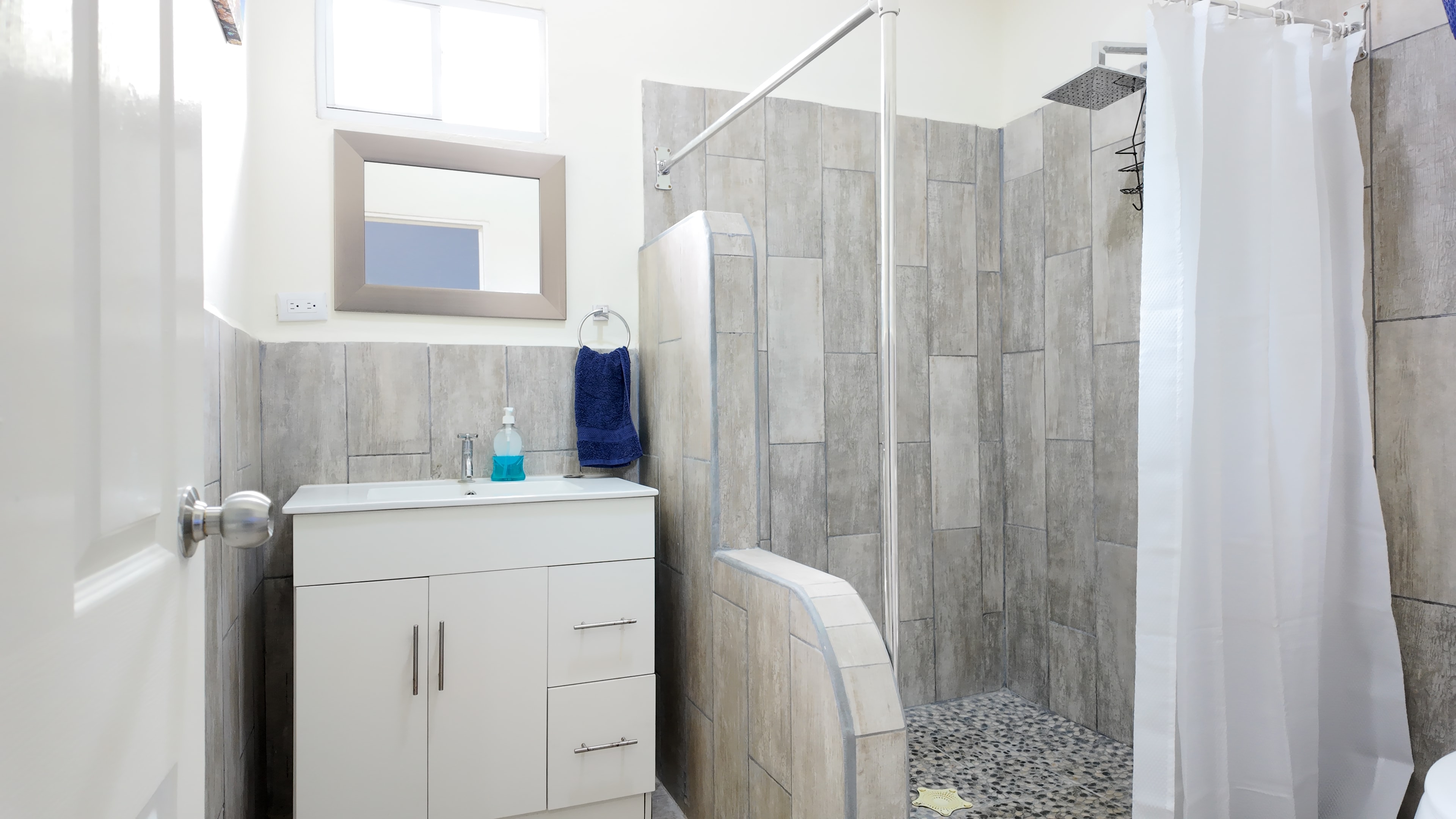 Master bathroom with tiled shower and white vanity